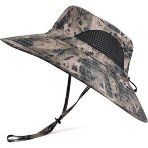 Unisex Khaki Camo 100%Polyester Wide Brim Mesh Vents With Chin Strap Fishing Hat